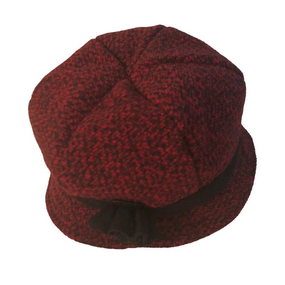 Bell / Cloche women's winter hat in red and black with black band & black flower - Picture 2 of 6